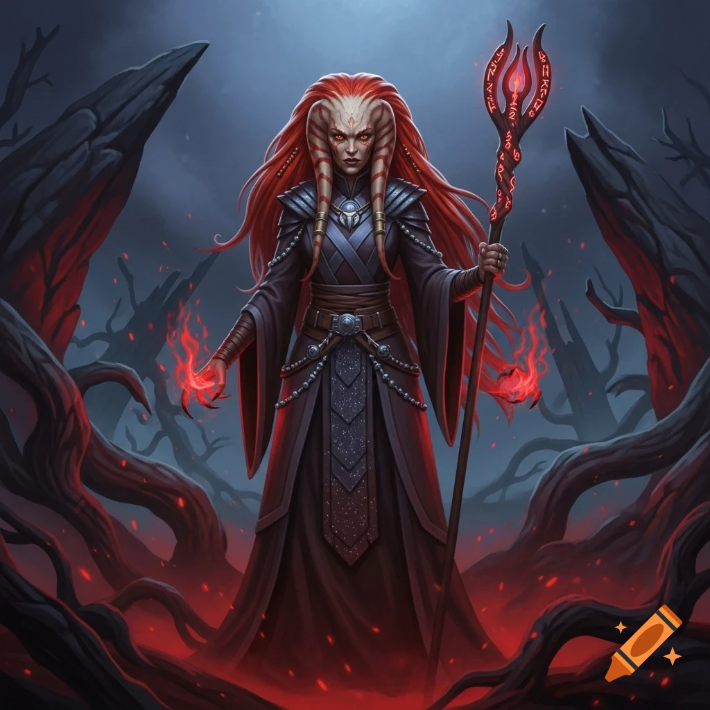 A red-skinned, red-haired Zabrak Dathomir Witch with glowing eyes, holding a magical staff and casting fire in a dark fantasy setting.