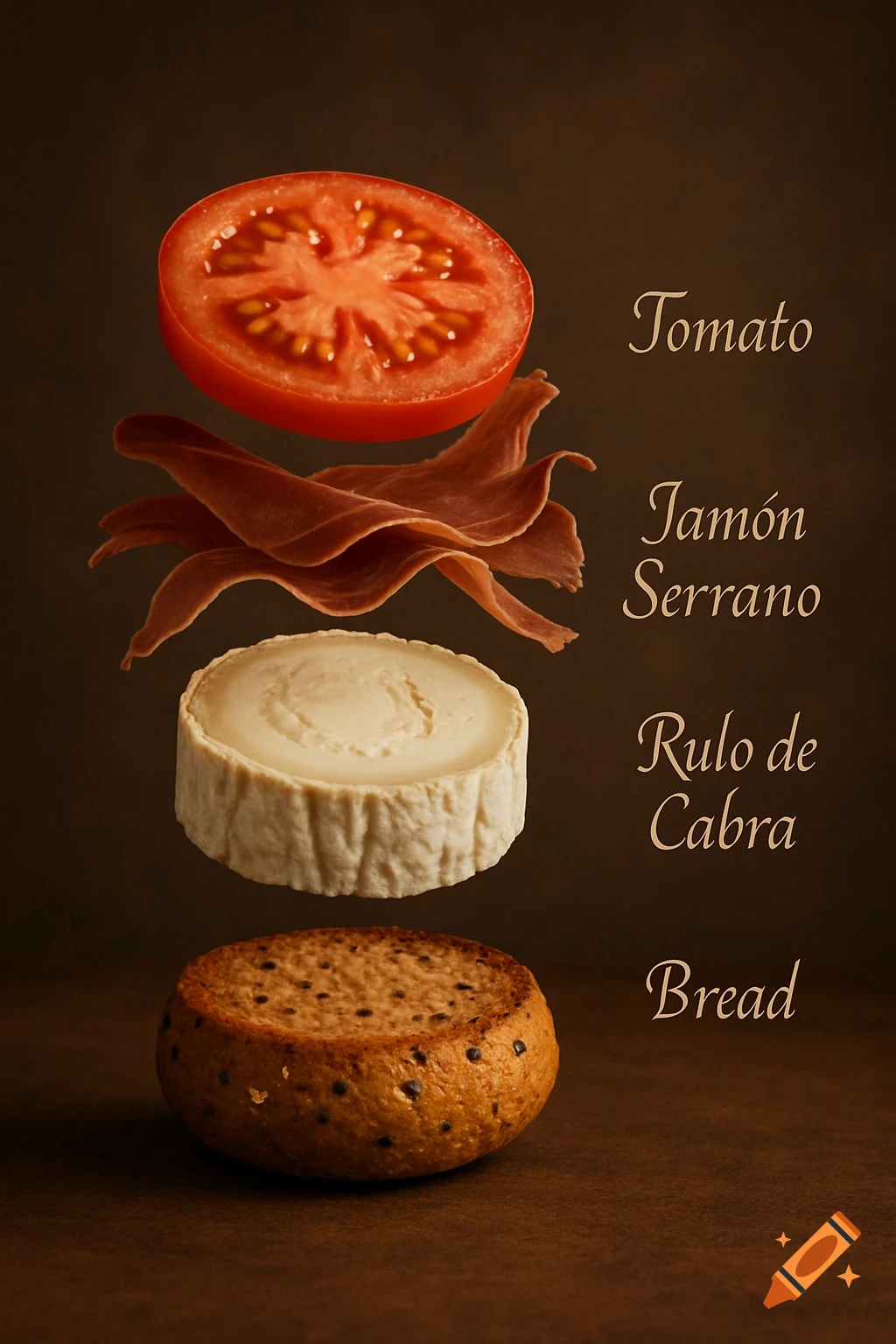 Photorealistic image of sandwich ingredients - a tomato slice, jamón serrano, a disc of goat cheese, and a small round bread loaf - floating and stacked above each other, with each ingredient labeled in text on the right.