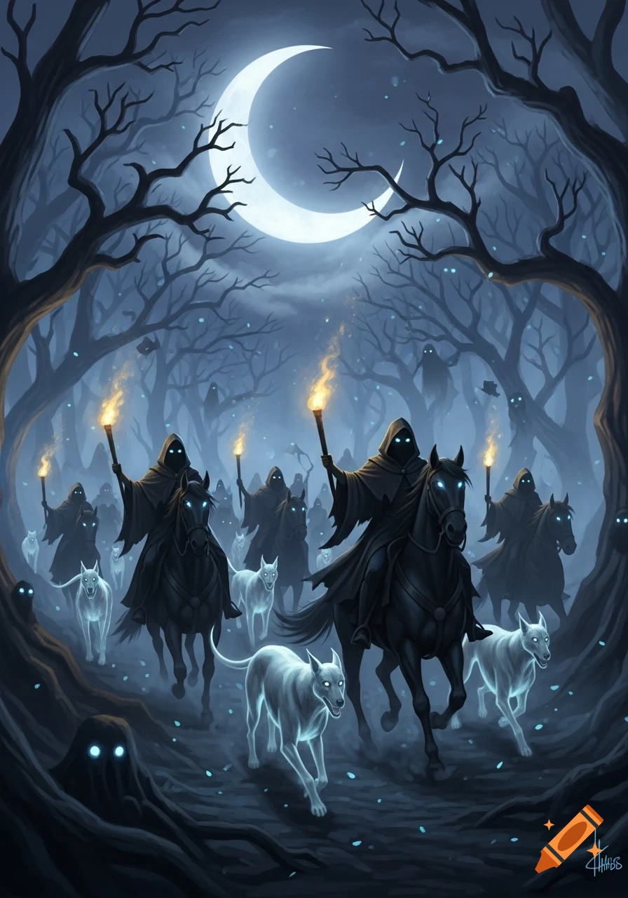 Dark fantasy art of hooded figures on horseback with glowing-eyed dogs and shadowy ghosts in a moonlit forest.