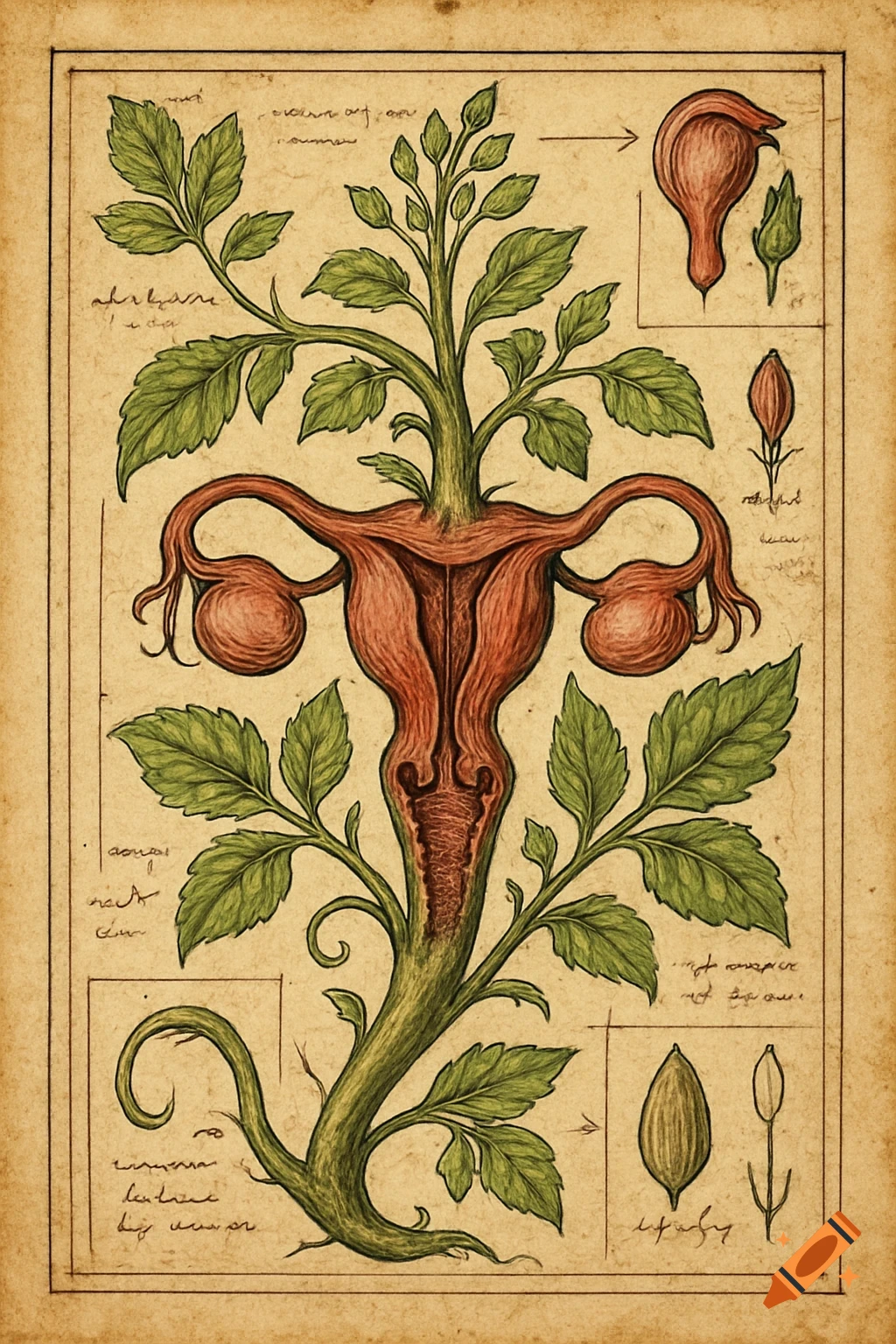 Nineteenth-century style botanical codex illustration of an herbal plant with uterine shapes on aged parchment, with blueprint details, lines, arrows, and marginalia.