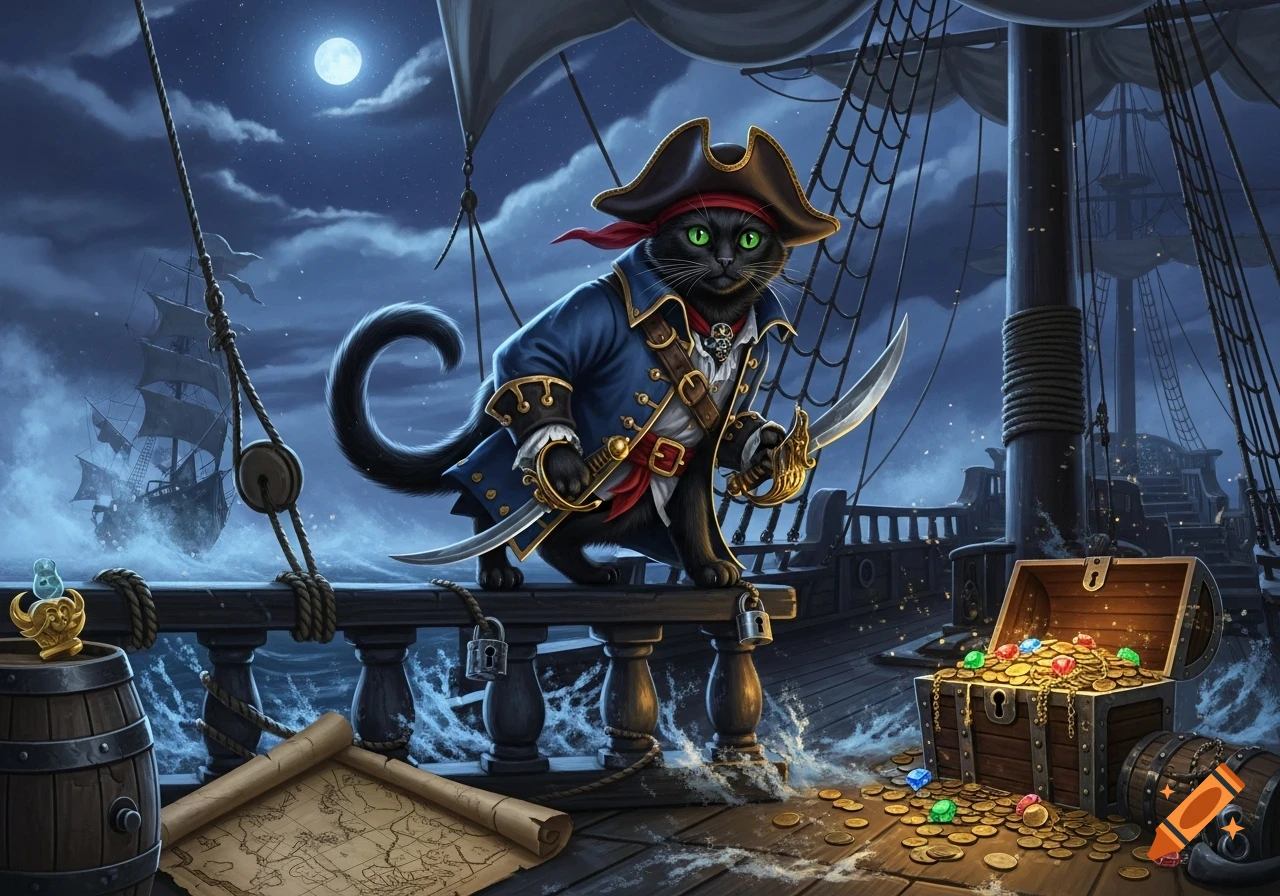 A cartoon black cat dressed as a pirate stands on a ship deck at night, holding two cutlasses, surrounded by treasure and a map.