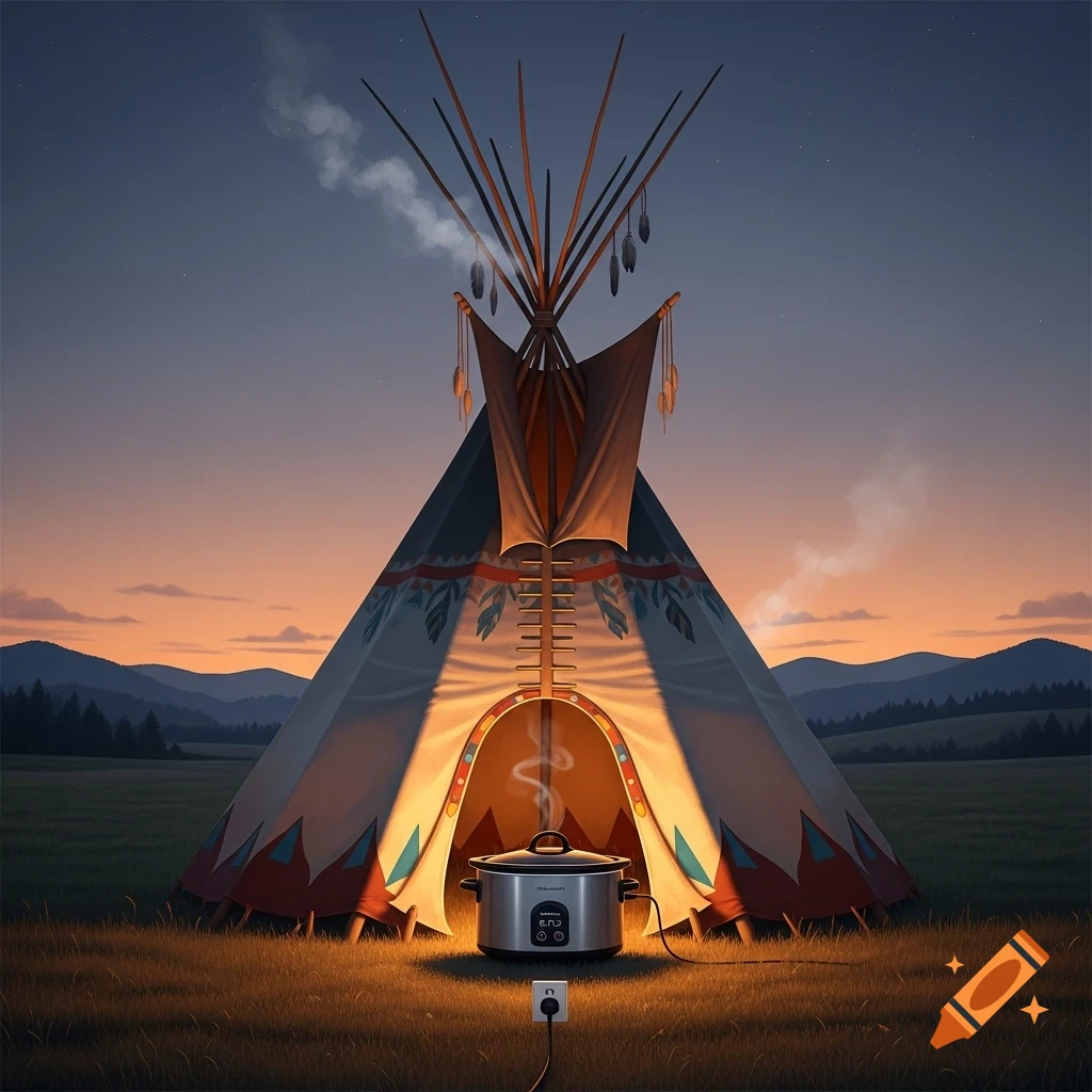 An illuminated teepee stands in a grassy field at dusk with a modern slow cooker plugged into an outlet outside it, steam rising.