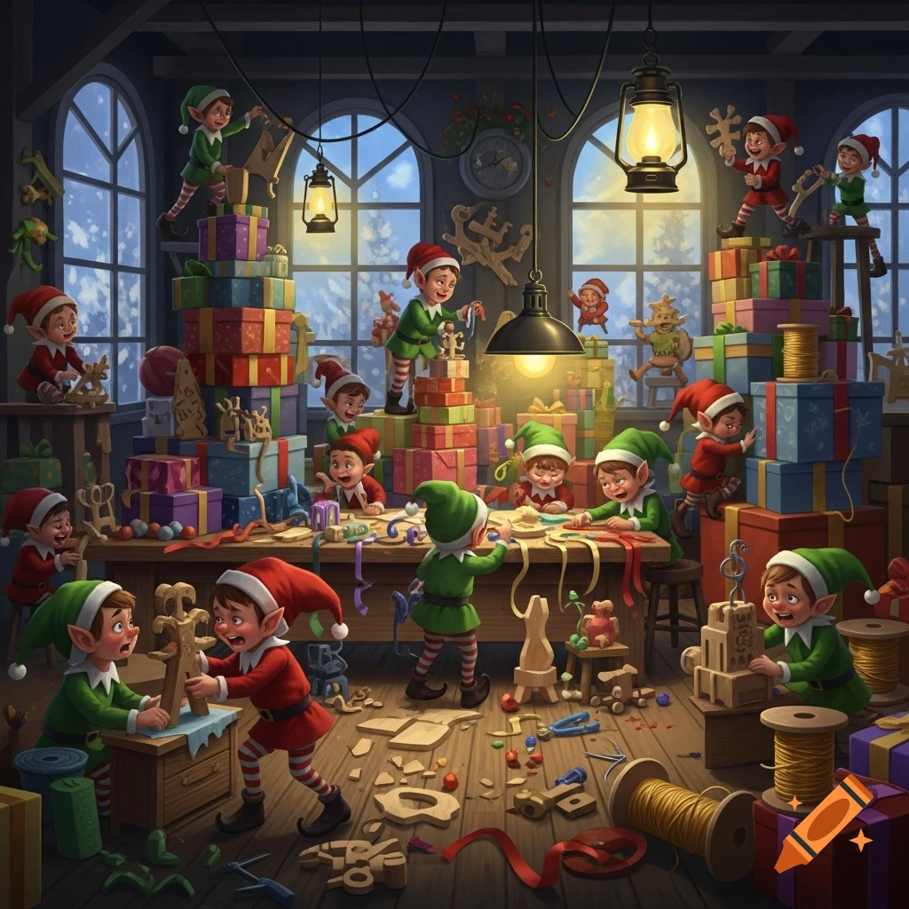 Christmas elves assemble wooden toys and wrap gifts in a bustling, cozy workshop lit by lanterns, with snow-covered windows.