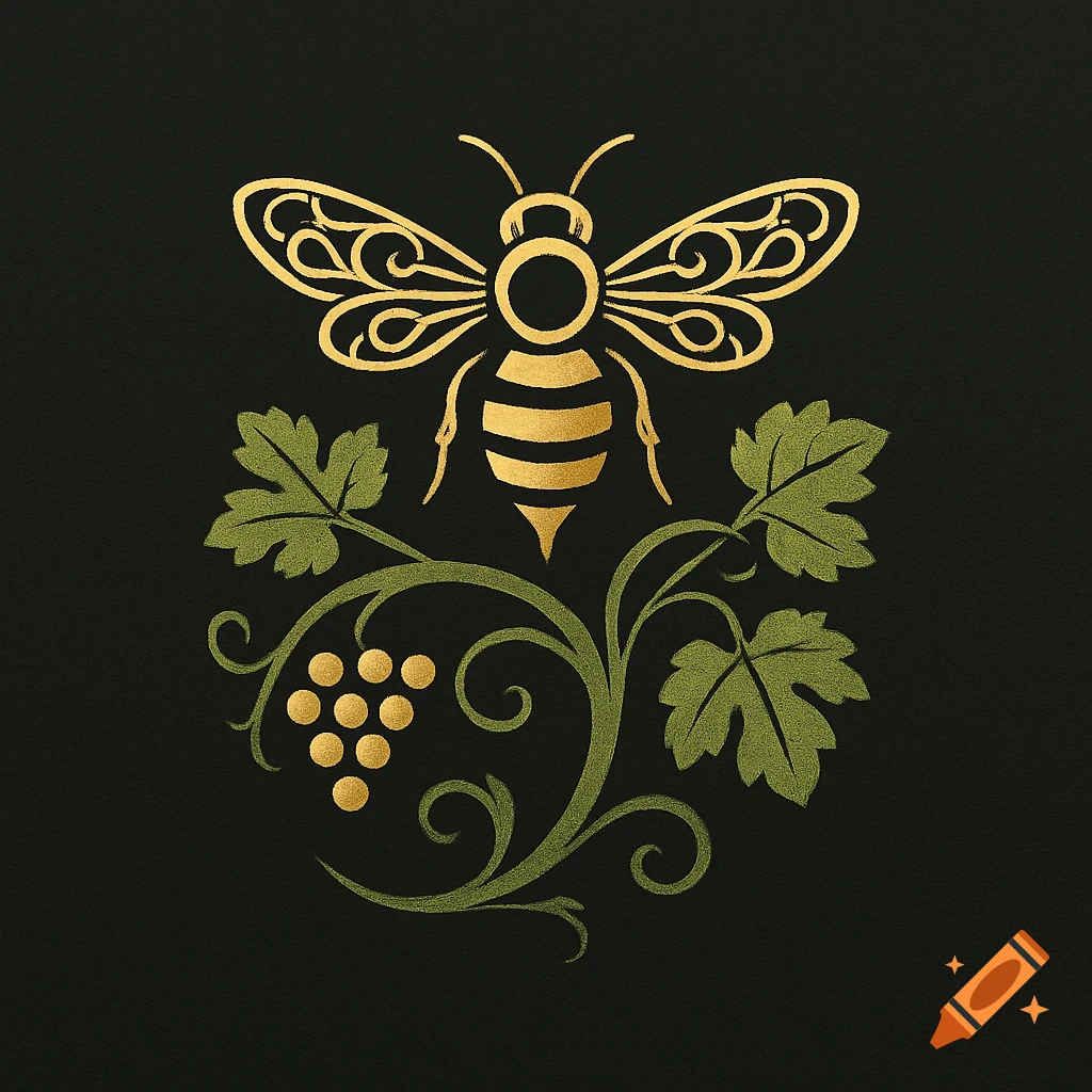 Stylized golden bee with ornate wings above green grapevines and golden grapes on a dark background, in a logo design.