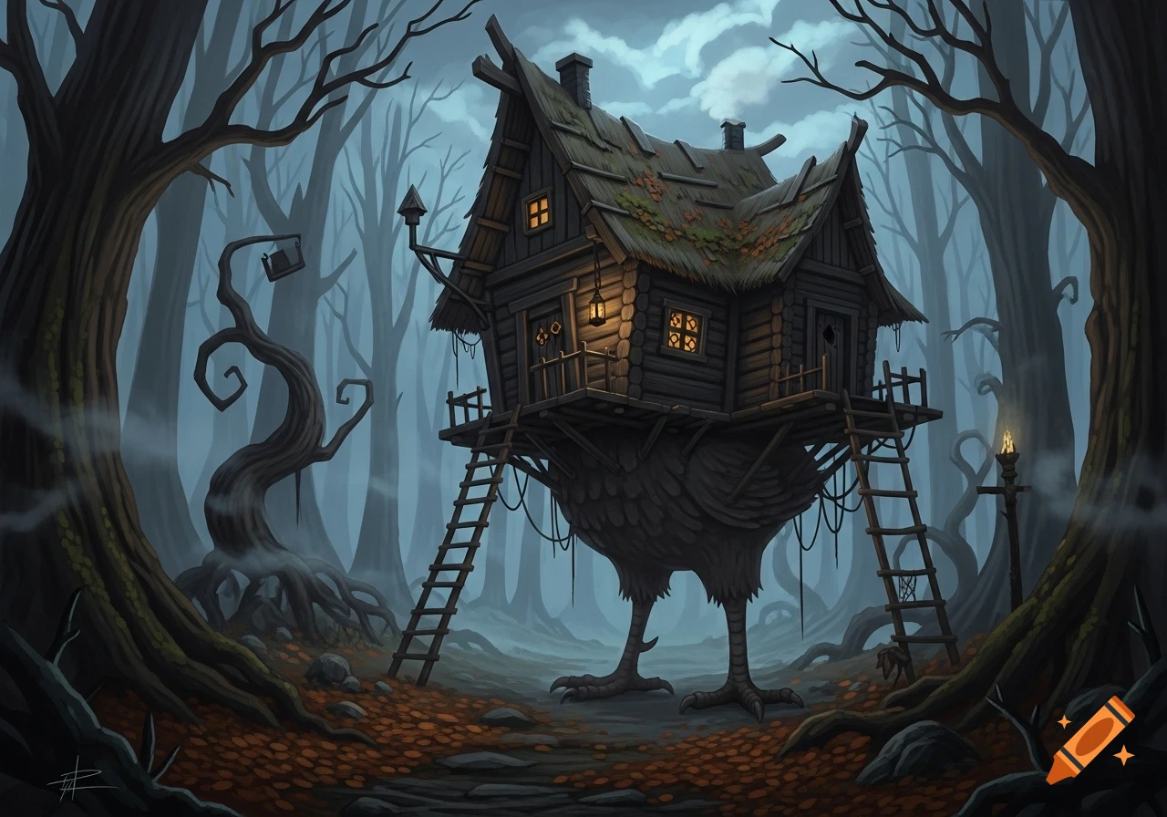 A stylized illustration of a rustic Baba Yaga house on chicken legs, standing in a dark, misty forest with twisted trees.