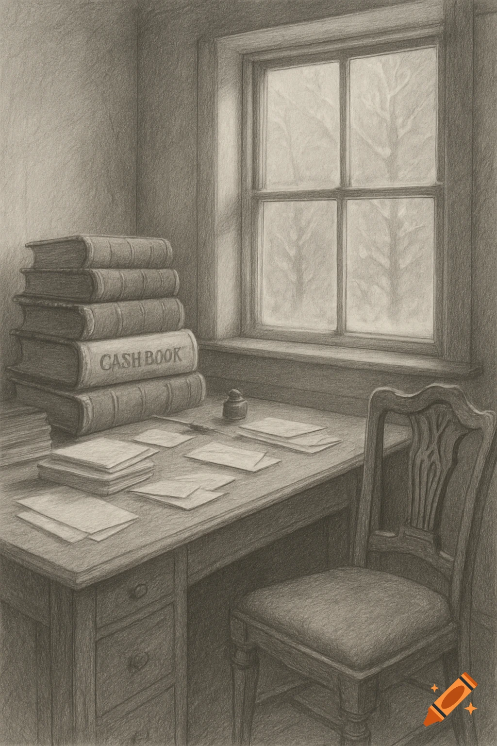 Pencil drawing of a vintage office corner with a desk, stack of books, papers, and a chair by a window.