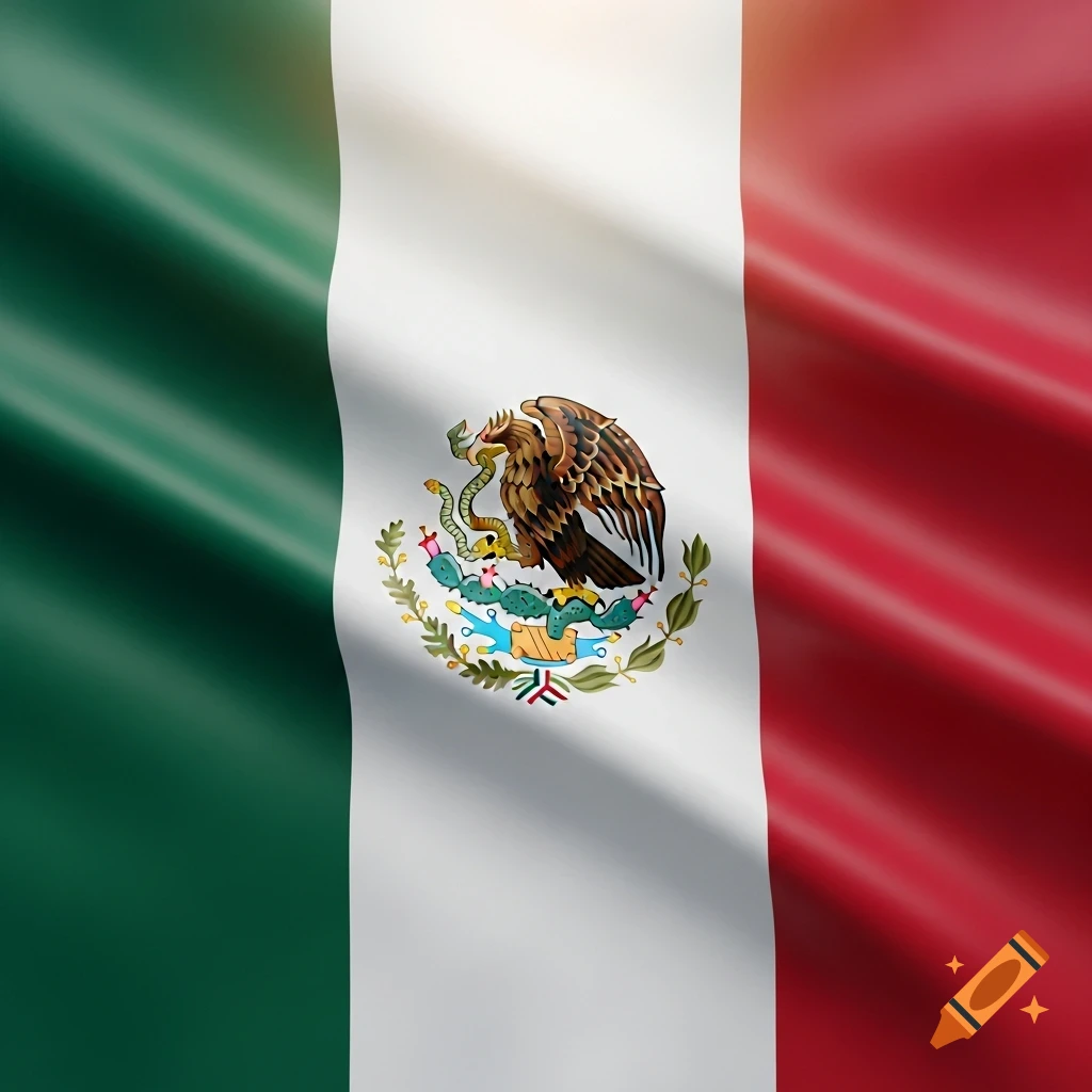Waving Mexican flag with its national emblem of an eagle devouring a snake on a cactus, rendered in a realistic style.