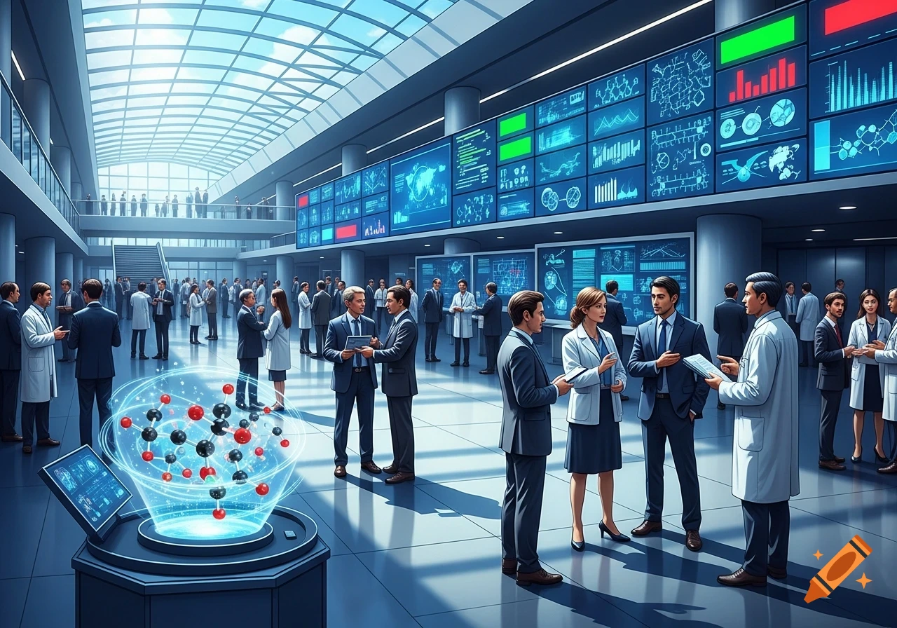 A diverse group of professionals in a modern science conference hall, discussing data displayed on large screens and observing a holographic molecular model.