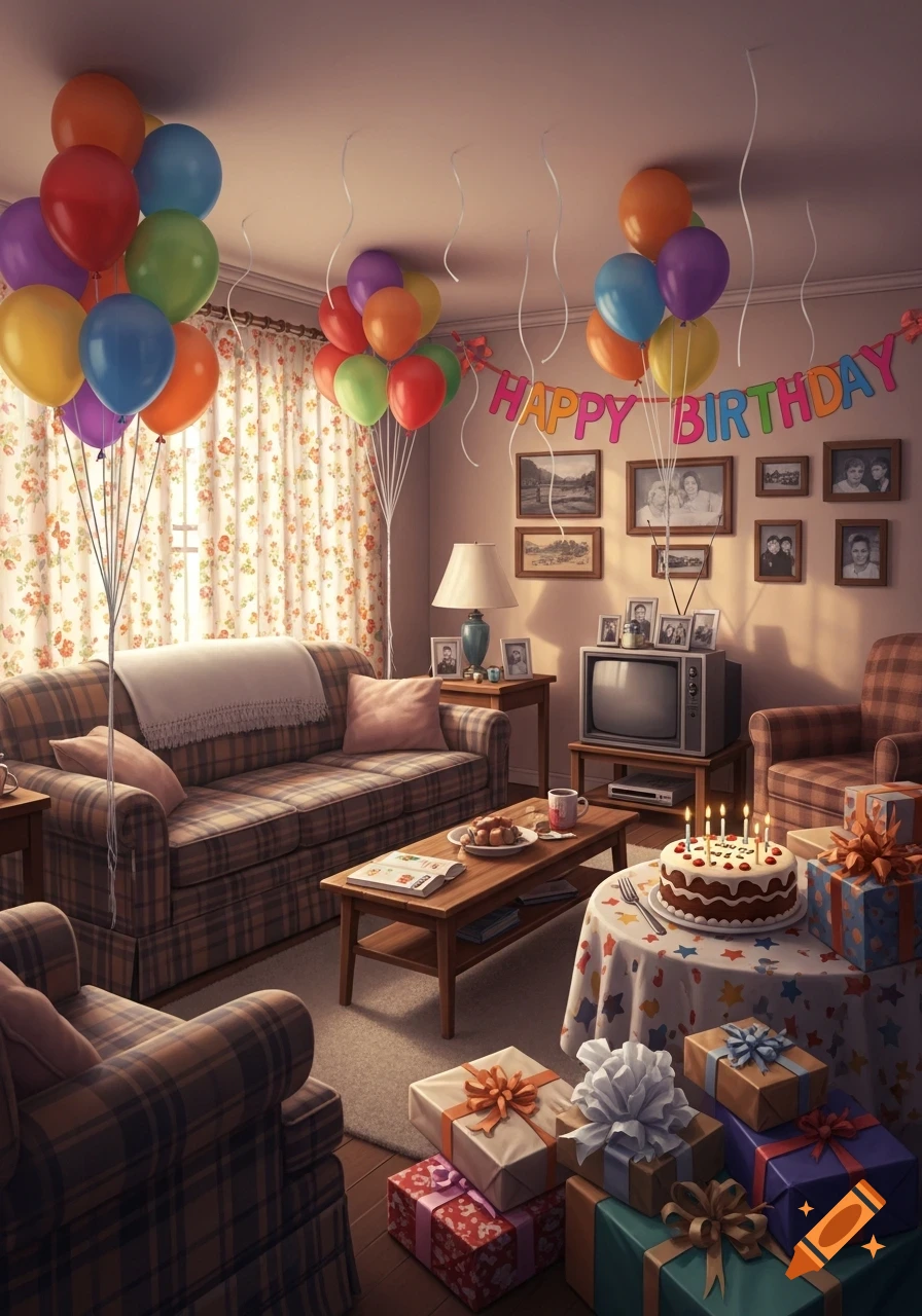 A cozy 90s-style living room decorated for a birthday party, featuring balloons, a 'Happy Birthday' banner, cake, and many presents.