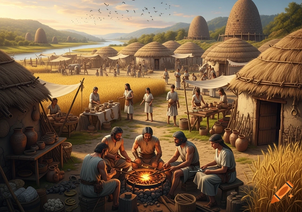 A bustling ancient village by a river, with thatched huts, people making pottery and metalworking, fields, and beehive structures.