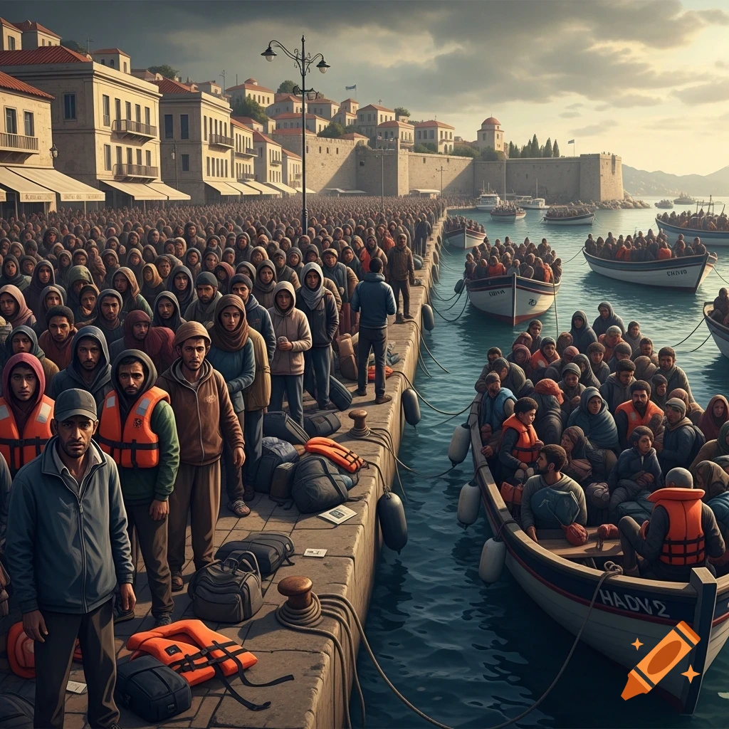 A photorealistic image showing a massive crowd of people, many wearing life vests, on a dock and in small boats in a crowded harbor with historical buildings.