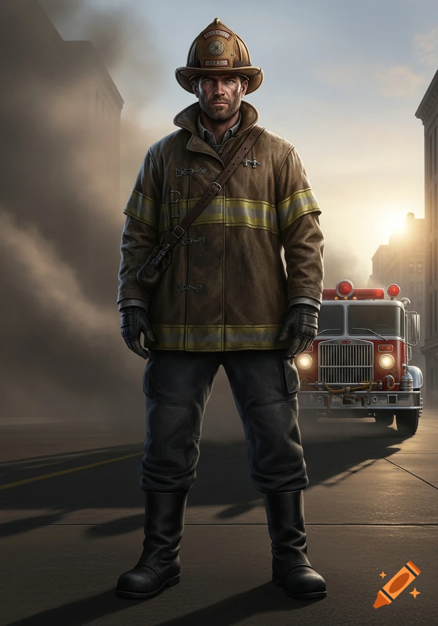 Photorealistic portrait of a rugged fireman in uniform standing before a vintage fire truck on a smoky street.