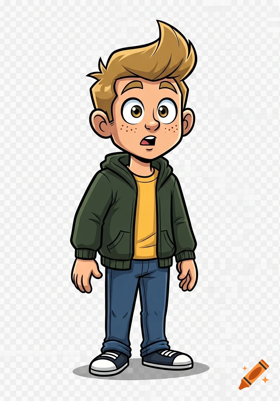 Cartoon boy with brown hair, green jacket, and blue jeans, looking astonished with wide eyes and open mouth.