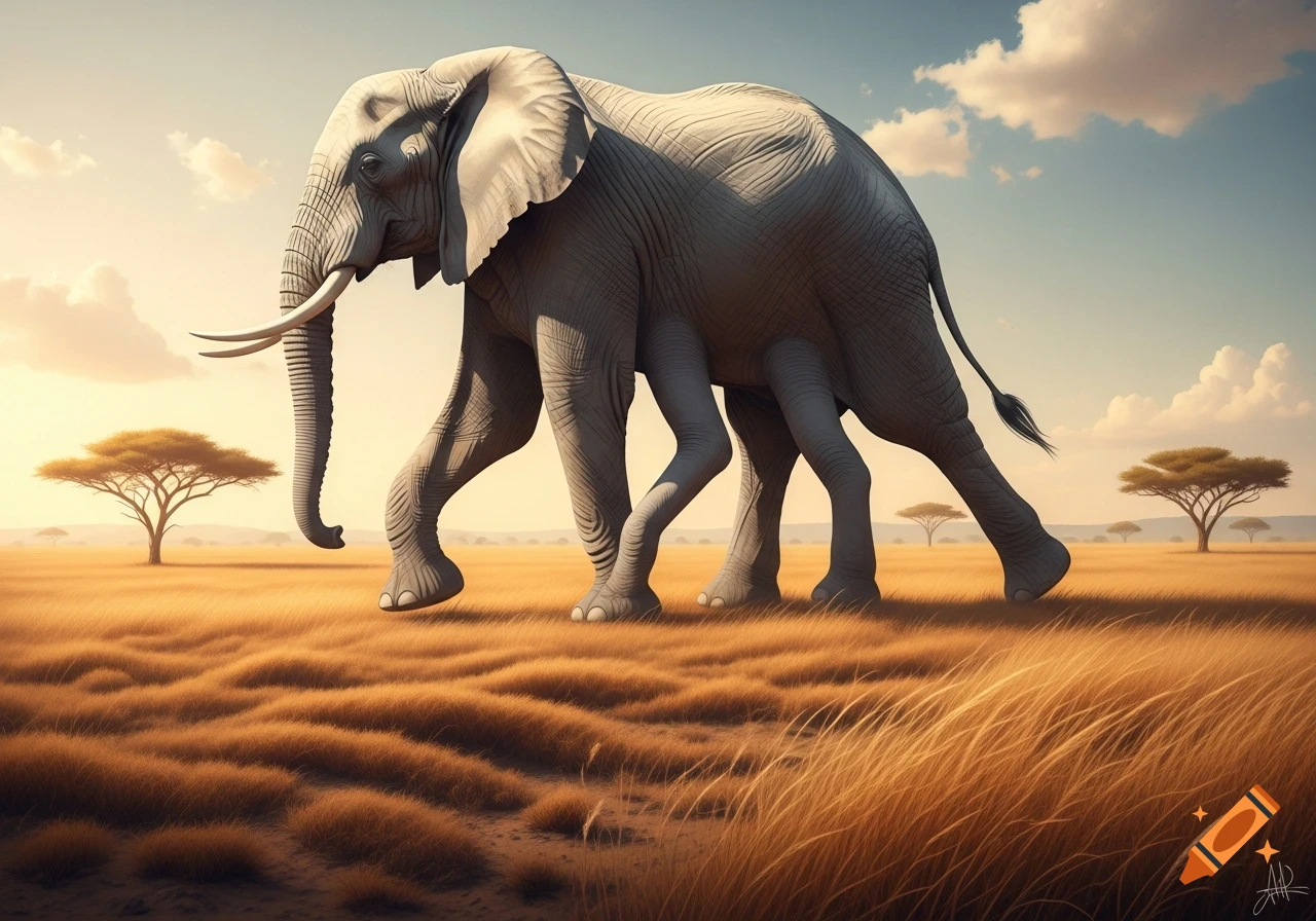 A strange elephant with multiple legs walks across a golden savannah under a partly cloudy sky, with acacia trees in the distance.
