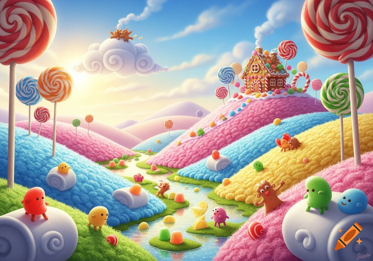 A whimsical candy land with a gingerbread house on a pink hill, giant lollipops, rainbow-colored hills of sweets, and cute cartoon characters playing near a flowing stream.