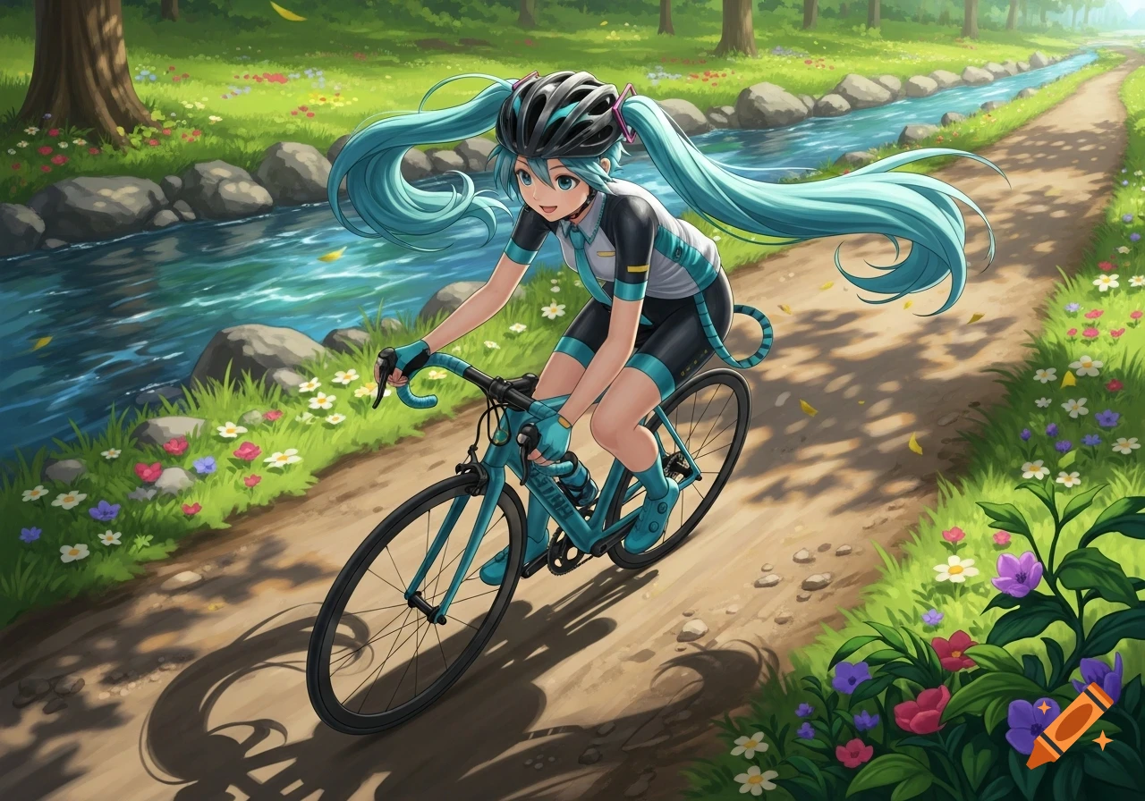 Anime girl Hatsune Miku in a bike helmet and cycling gear rides a blue bicycle on a park trail next to a river.