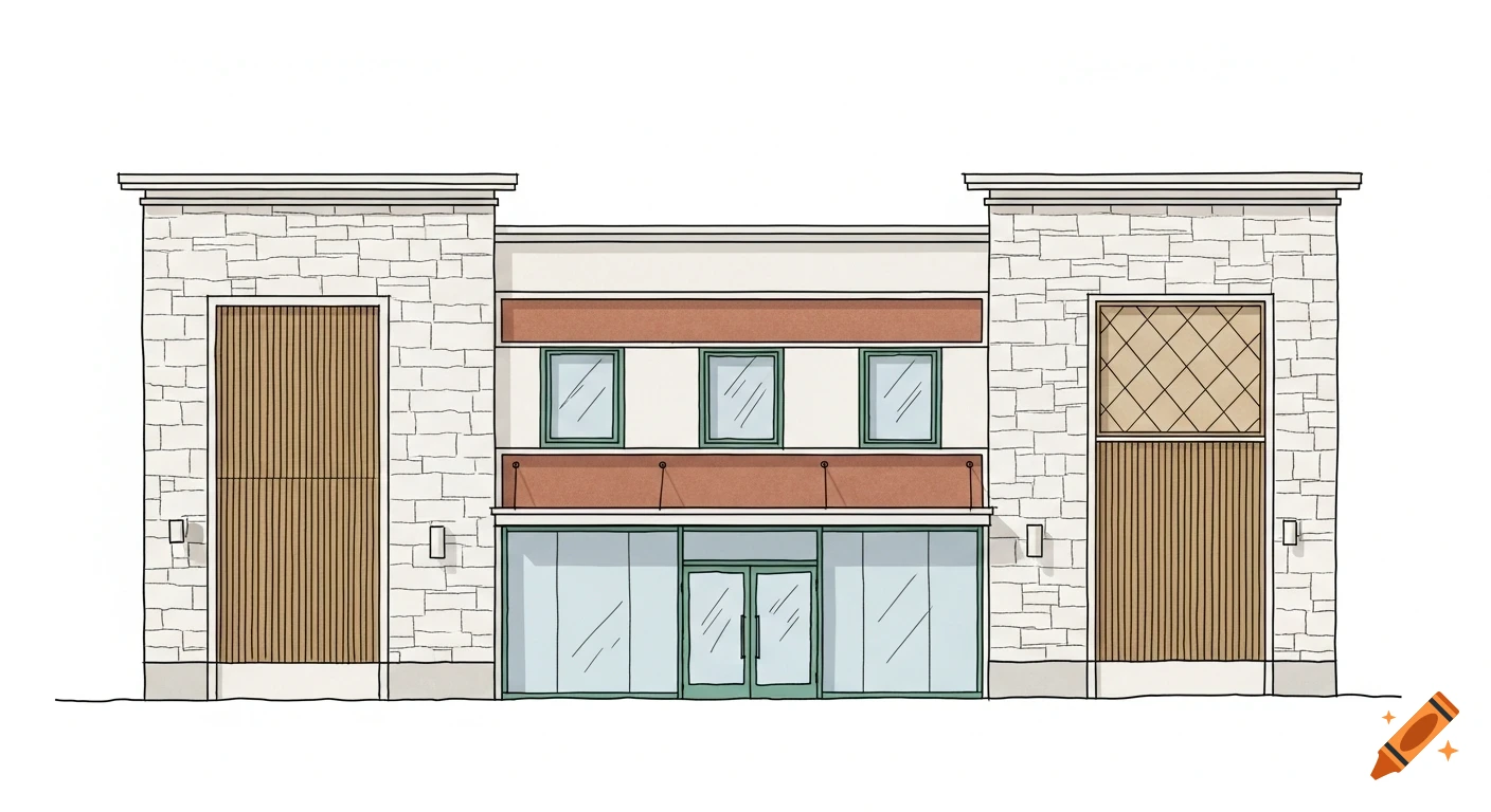 A minimalist hand-rendered digital sketch of a building facade with stone and reeded wood cladding, three green-trimmed windows, and a dual glass door, all with terracotta accents.