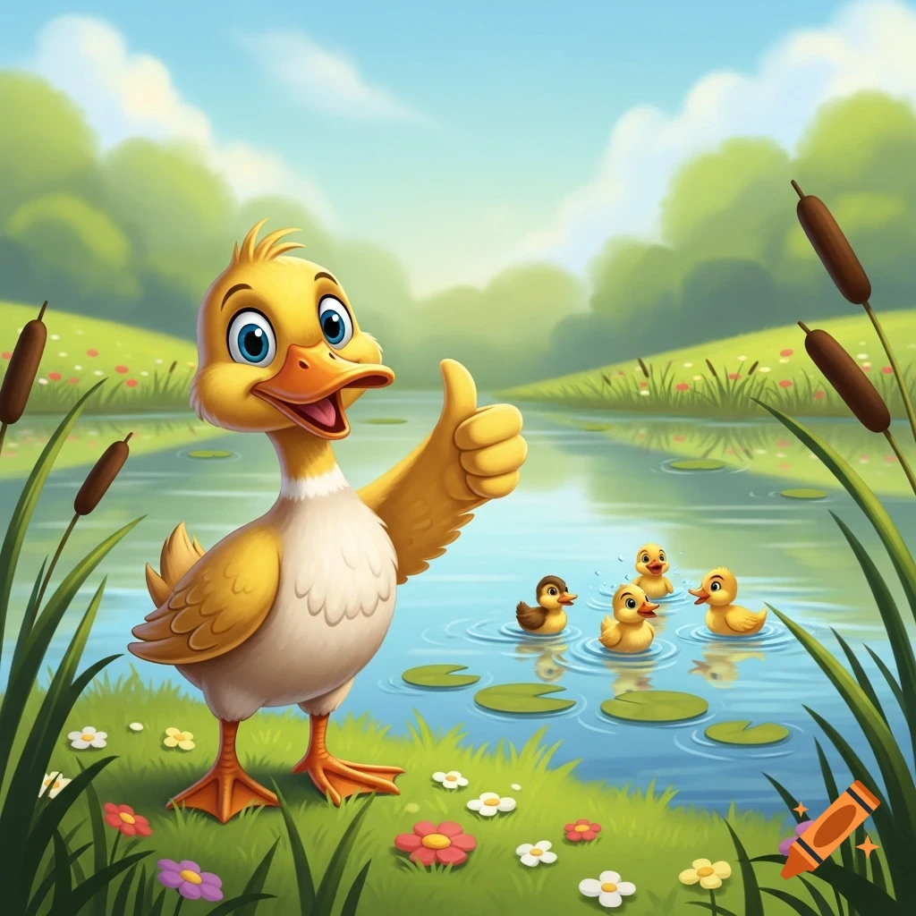 A happy cartoon duck gives a thumbs up next to a pond with three small ducklings and lily pads, surrounded by green grass and flowers under a blue sky.