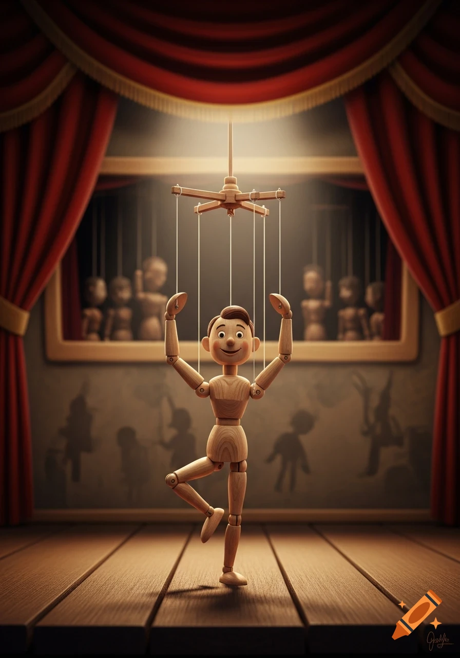 A smiling wooden puppet on a string stands on a stage, holding its own strings above its head, with red curtains and a window in the background.