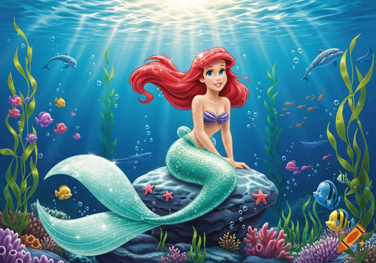 Disney's Ariel, the Little Mermaid, sits on a rock underwater surrounded by colorful fish, dolphins, and coral, with sunlight streaming from above.