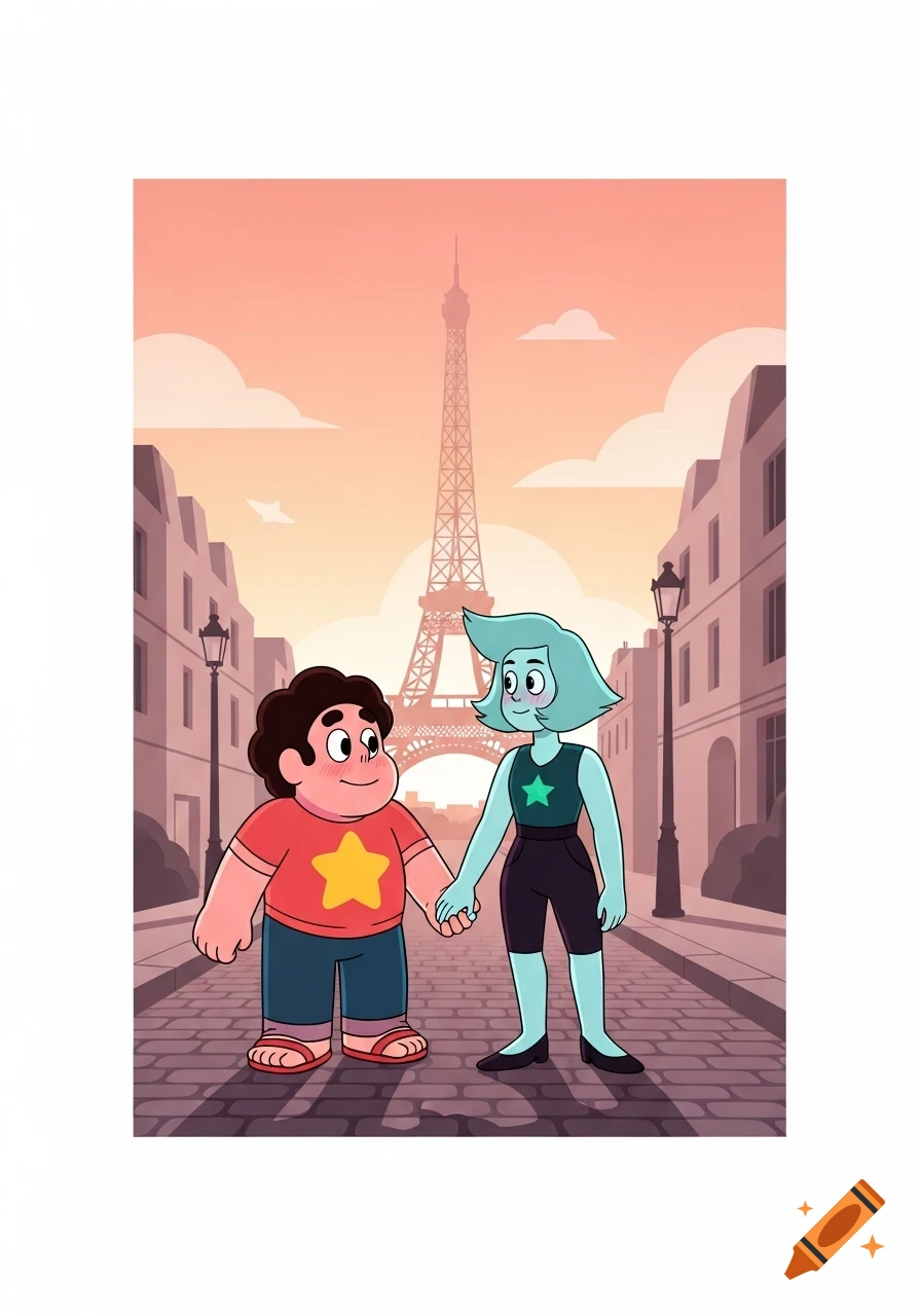 Cartoon Steven Universe and a blue-skinned character hold hands walking on a cobblestone street in Paris with the Eiffel Tower at sunset.