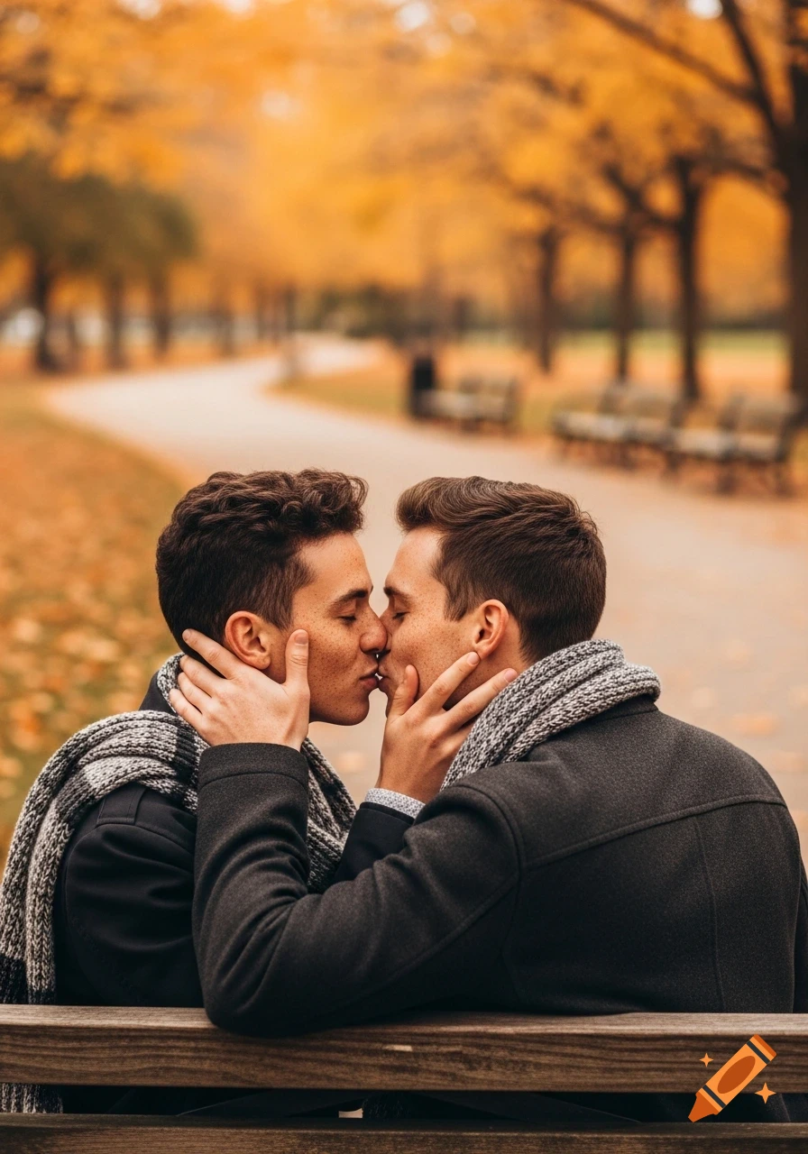 Two men with freckles passionately kiss on a park bench surrounded by autumn trees. Photorealistic style.