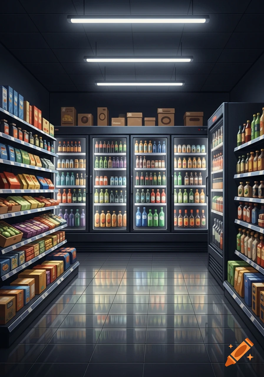 A night view inside a small, brightly lit grocery shop with shelves full of products and five drink refrigerators.