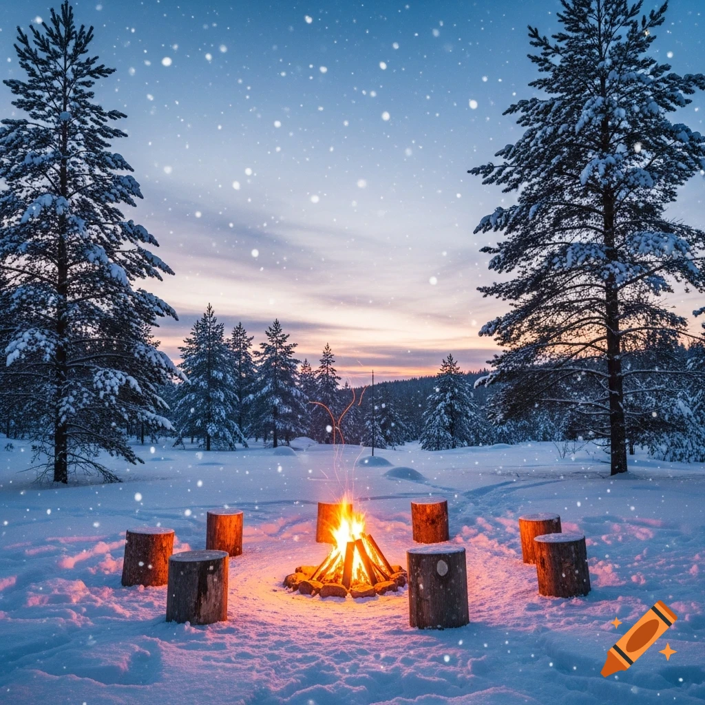 Photorealistic image of a campfire surrounded by log seats in a snowy winter forest at sunset, with light snow falling.