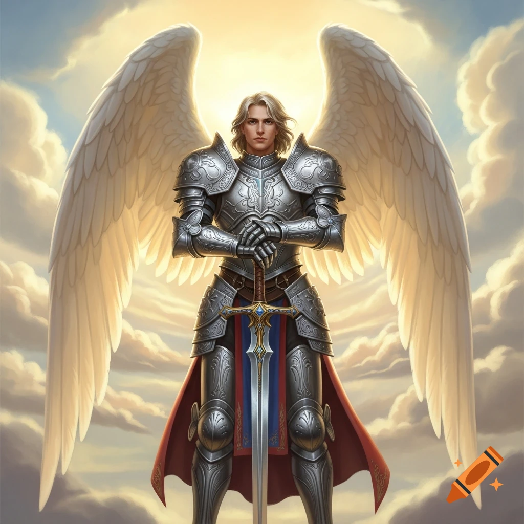 A handsome, blonde angel in detailed silver armor with large white wings stands, holding a sword, against a radiant, cloudy sky.