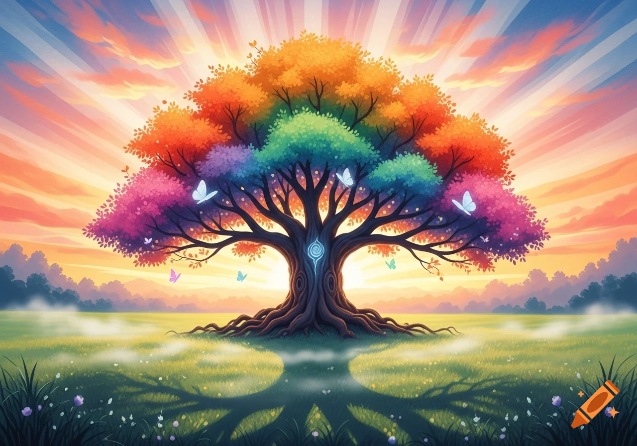 Vibrant, rainbow-colored tree with a glowing symbol on its trunk in a misty grassy field with butterflies at sunset.