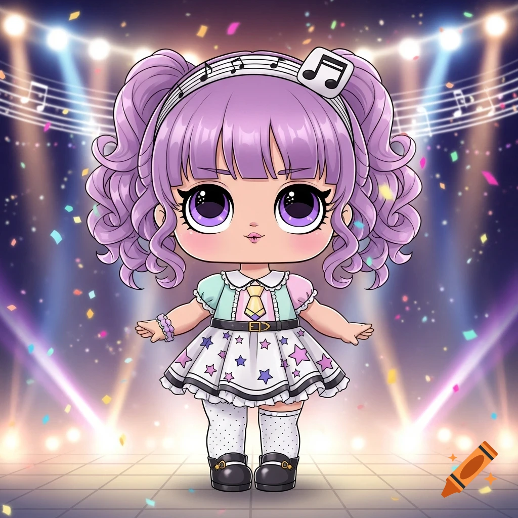 A stylized doll with purple pigtails, a musical note headband, and a star-patterned dress stands on a stage with confetti.
