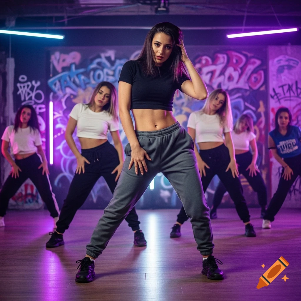 A group of female dancers in crop tops and sweatpants pose in a neon-lit studio with graffiti walls.