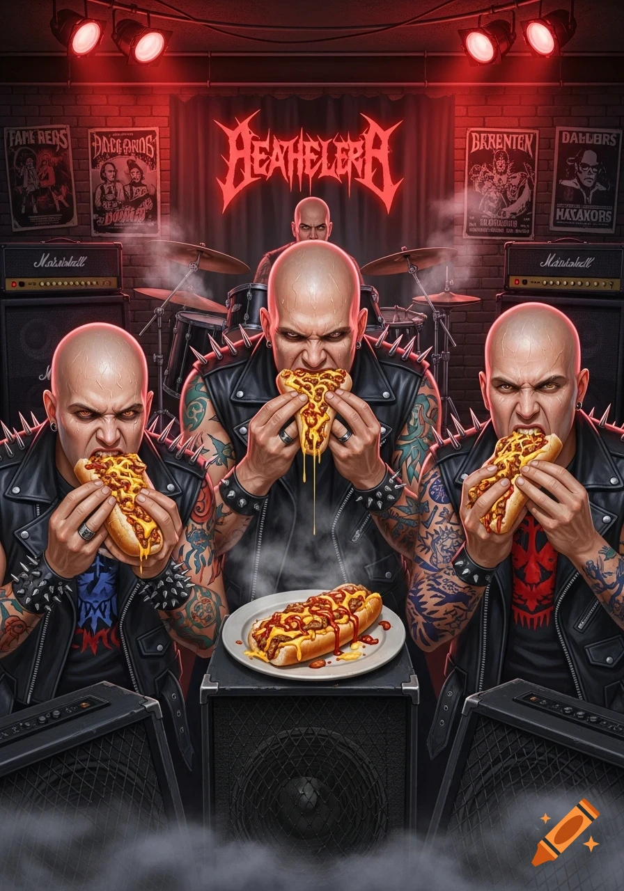 Three bald, tattooed metalheads in leather jackets with spiked shoulders aggressively eat chili cheese dogs on a stage with a drum set and Marshall amps in a red-lit venue. A band logo "HEATHLEERA" is above them.
