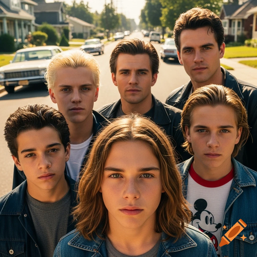 A group of six young men in vintage denim and leather jackets pose on a suburban street, reminiscent of the 1960s.