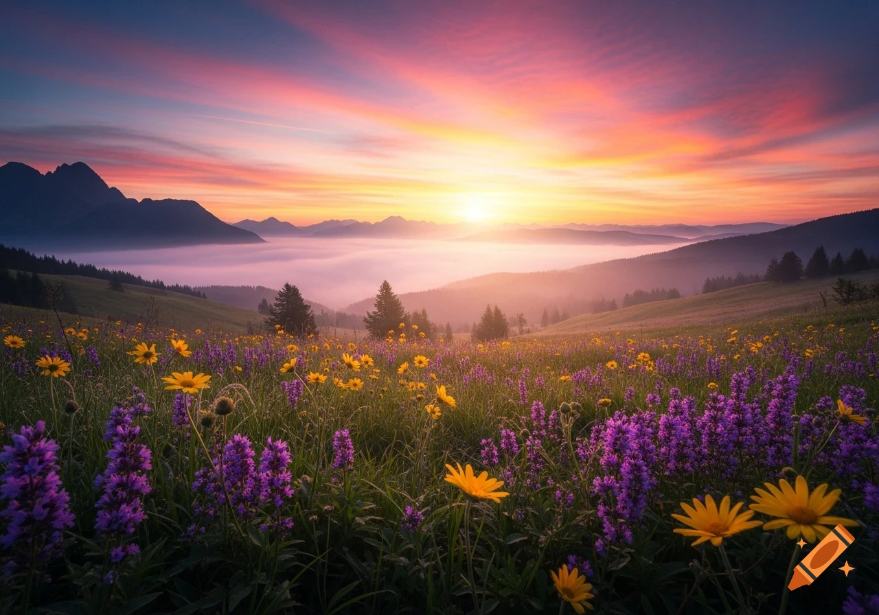 A vibrant sunrise over a field of purple and yellow meadow flowers with misty mountains in the background.