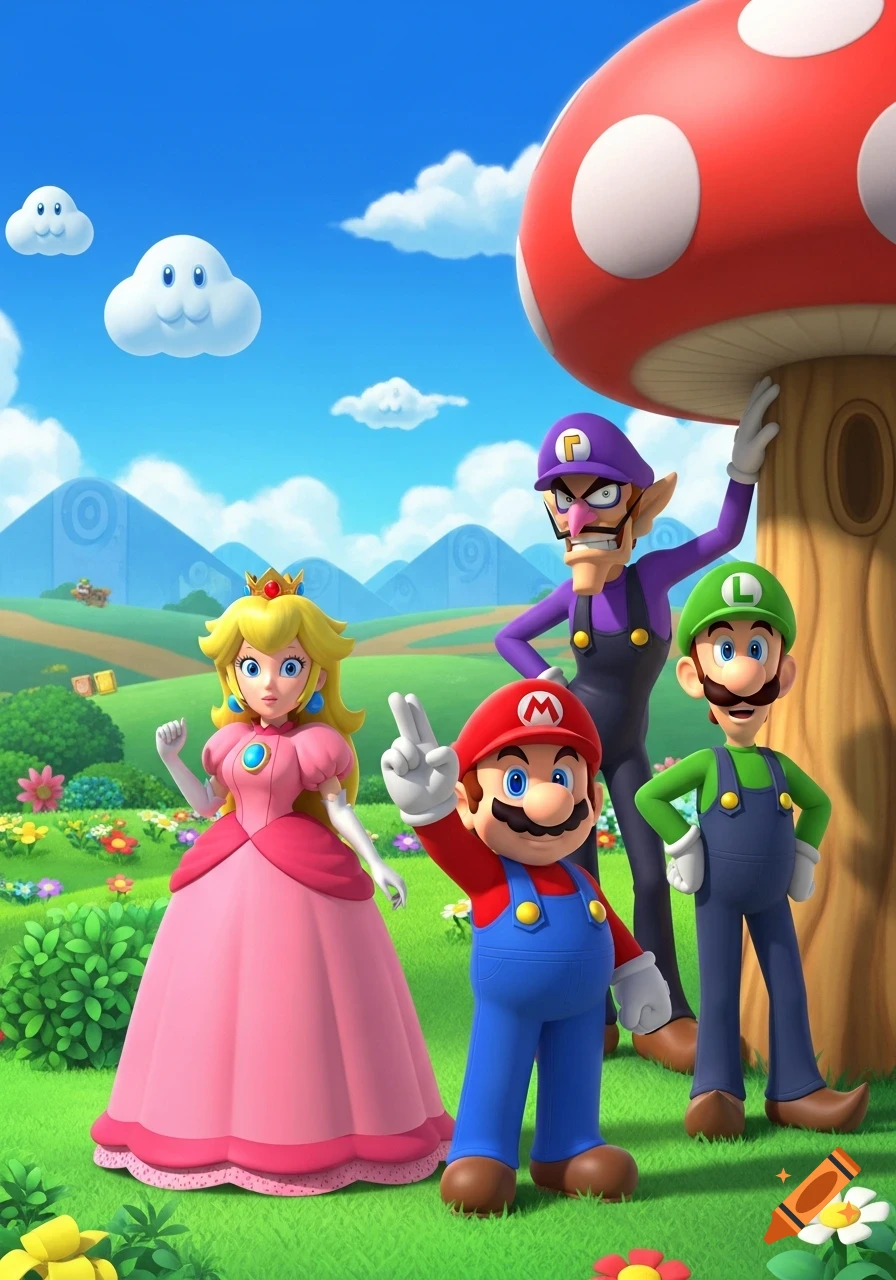 Princess Peach, Mario, Luigi, and Waluigi pose in a vibrant, cartoonish green landscape with a giant red mushroom and smiling clouds.