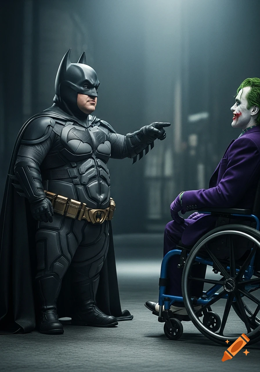 A short, overweight Batman points at the grinning Joker, who sits in a wheelchair in a dark, atmospheric setting.