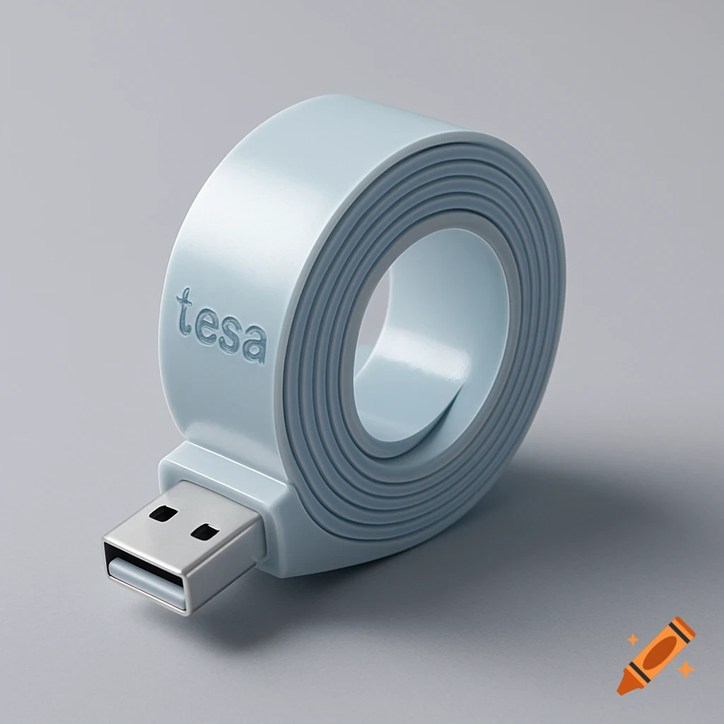 A light blue USB drive designed like a roll of tape, with 'tesa' embossed on its side, against a gray background.