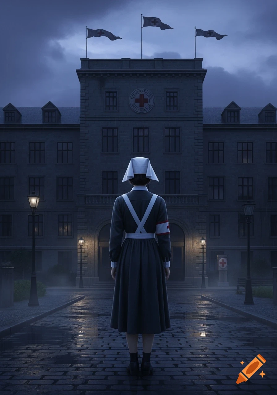 A nurse in a dark historical uniform stands with her back to the viewer, facing a large hospital building under a cloudy evening sky.