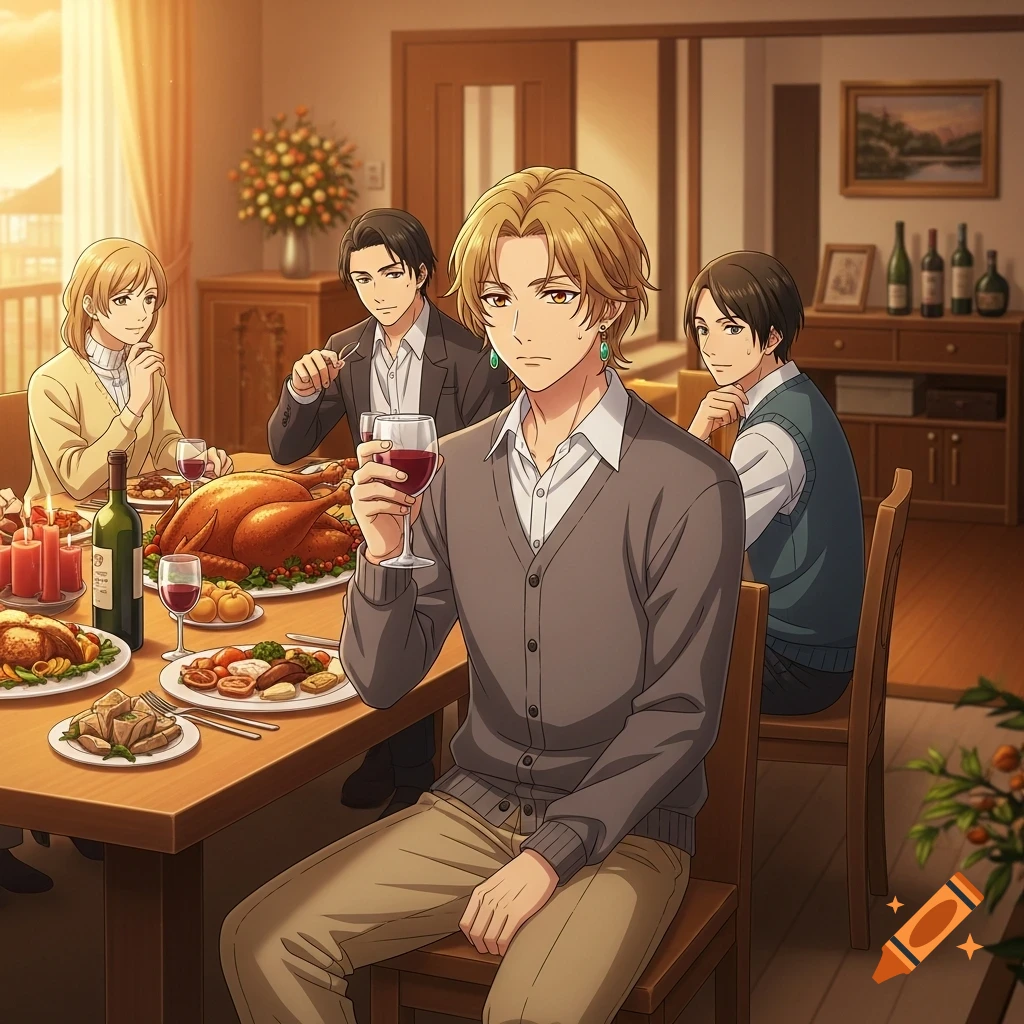 Anime-style illustration of a family dinner with a roasted turkey, featuring a young man holding a wine glass and looking nervous.