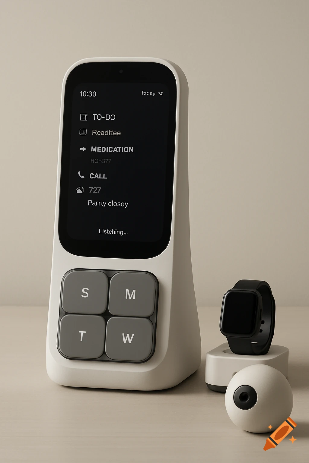 A white and gray smart home device with a black screen displaying tasks, medication, calls, and misspelled weather/voice functions. Next to it is a black smartwatch on a charger and a small, white spherical robot.