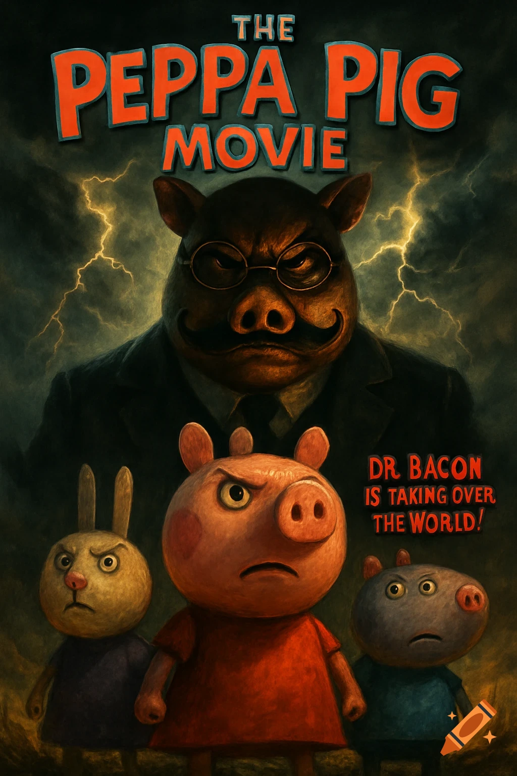 Dramatic movie poster for 'The Peppa Pig Movie,' showing an evil pig in a suit above worried Peppa Pig and friends, with a stormy sky.