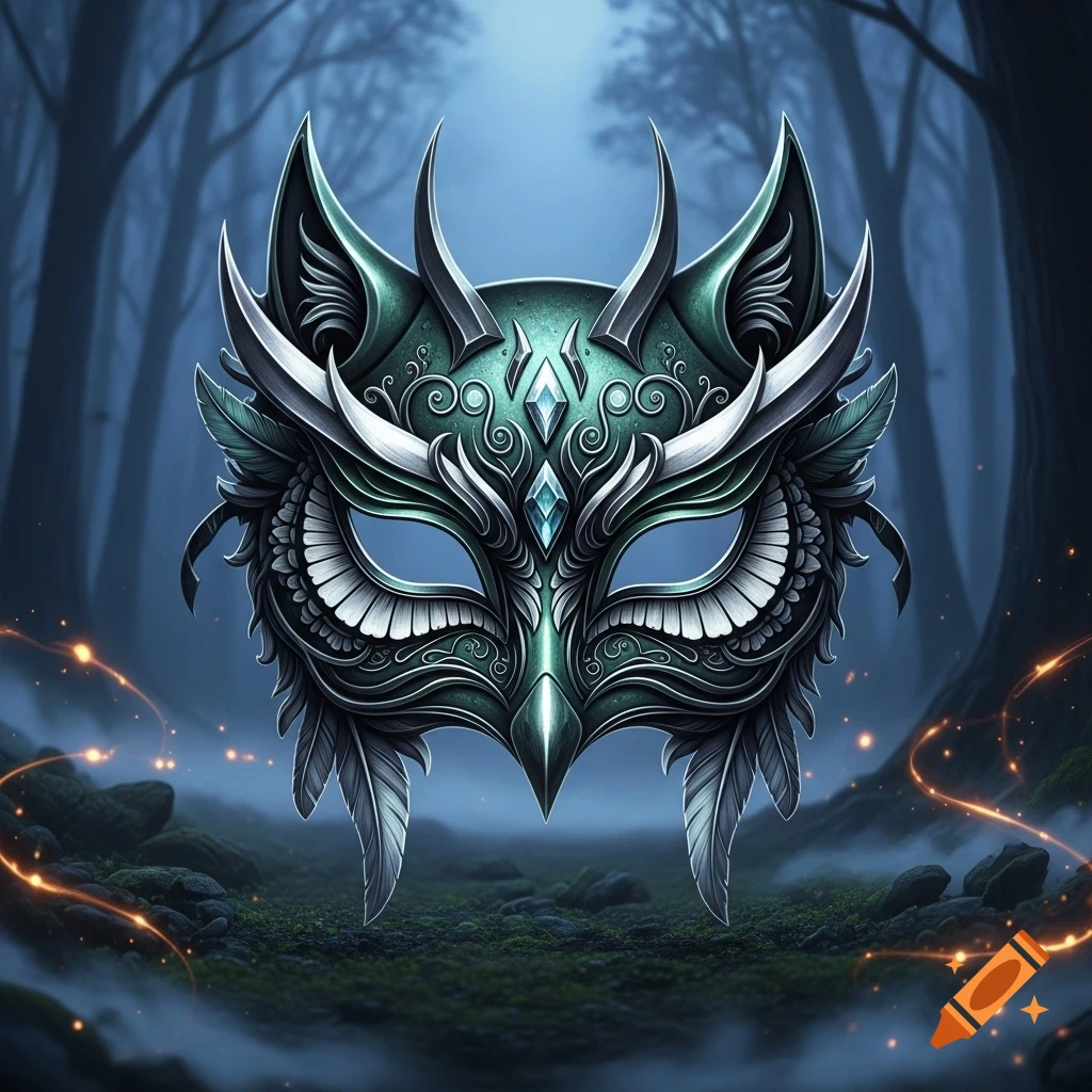 A detailed, teal and silver owl-like mask with horns and glowing gems floats in a mystical, foggy forest.