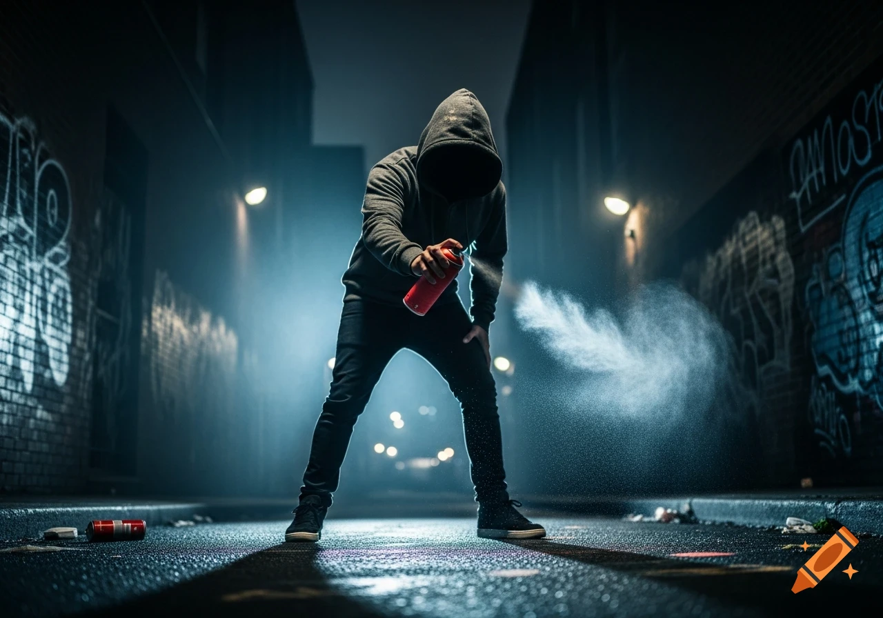 A mysterious person in a dark hoodie sprays graffiti on a brick wall in a dimly lit urban alley at night.