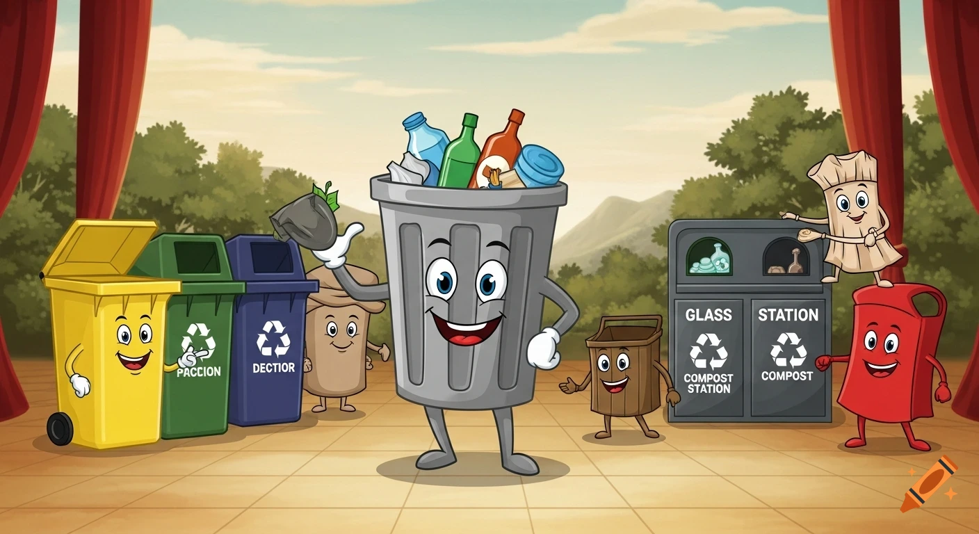 Cartoon image of anthropomorphic trash bins and recycling stations, including a central gray bin full of recycling and smaller colored bins with faces, all on a stage-like setting with green trees and mountains in the background.