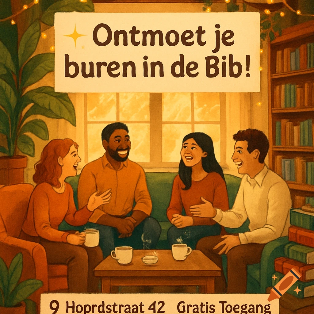 An illustrated social media post showing four diverse adults laughing and chatting over coffee in a cozy library setting, with text banners.