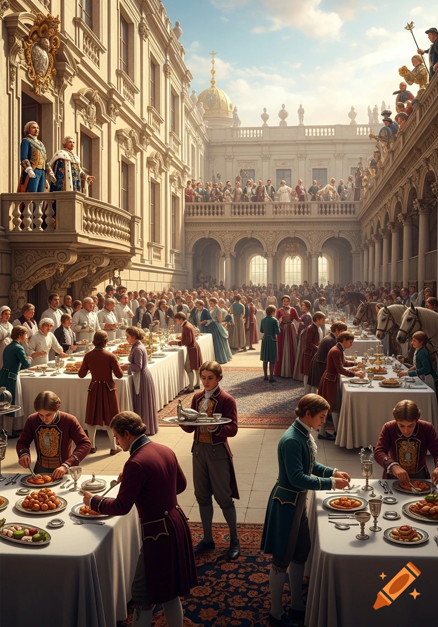 A grand historical court event with many people in elaborate attire dining and observing in a ornate palace courtyard, under a bright sky.