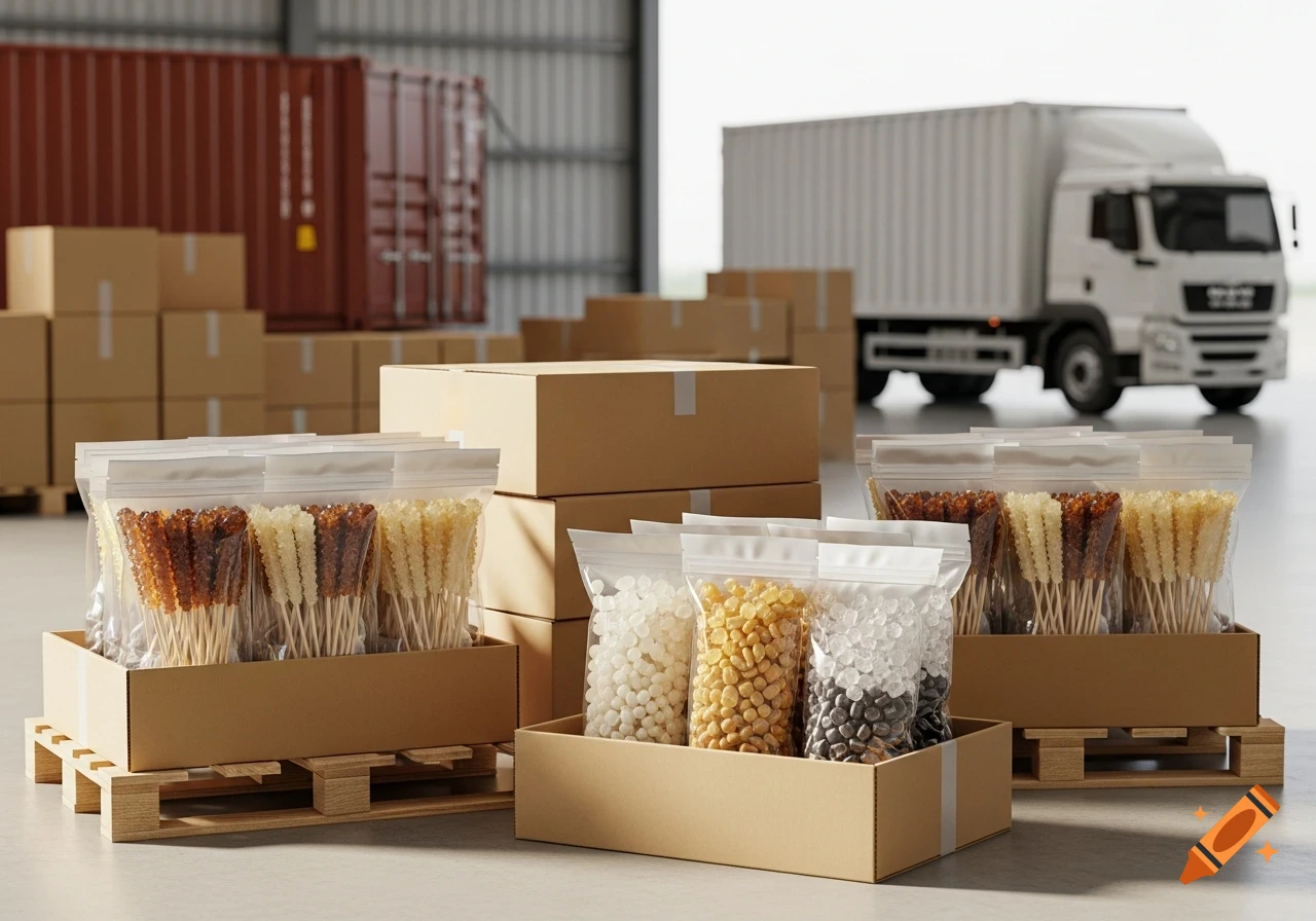 Photorealistic image of packaged rock candy and crystal candies on pallets in a warehouse, with a cargo container and delivery truck.