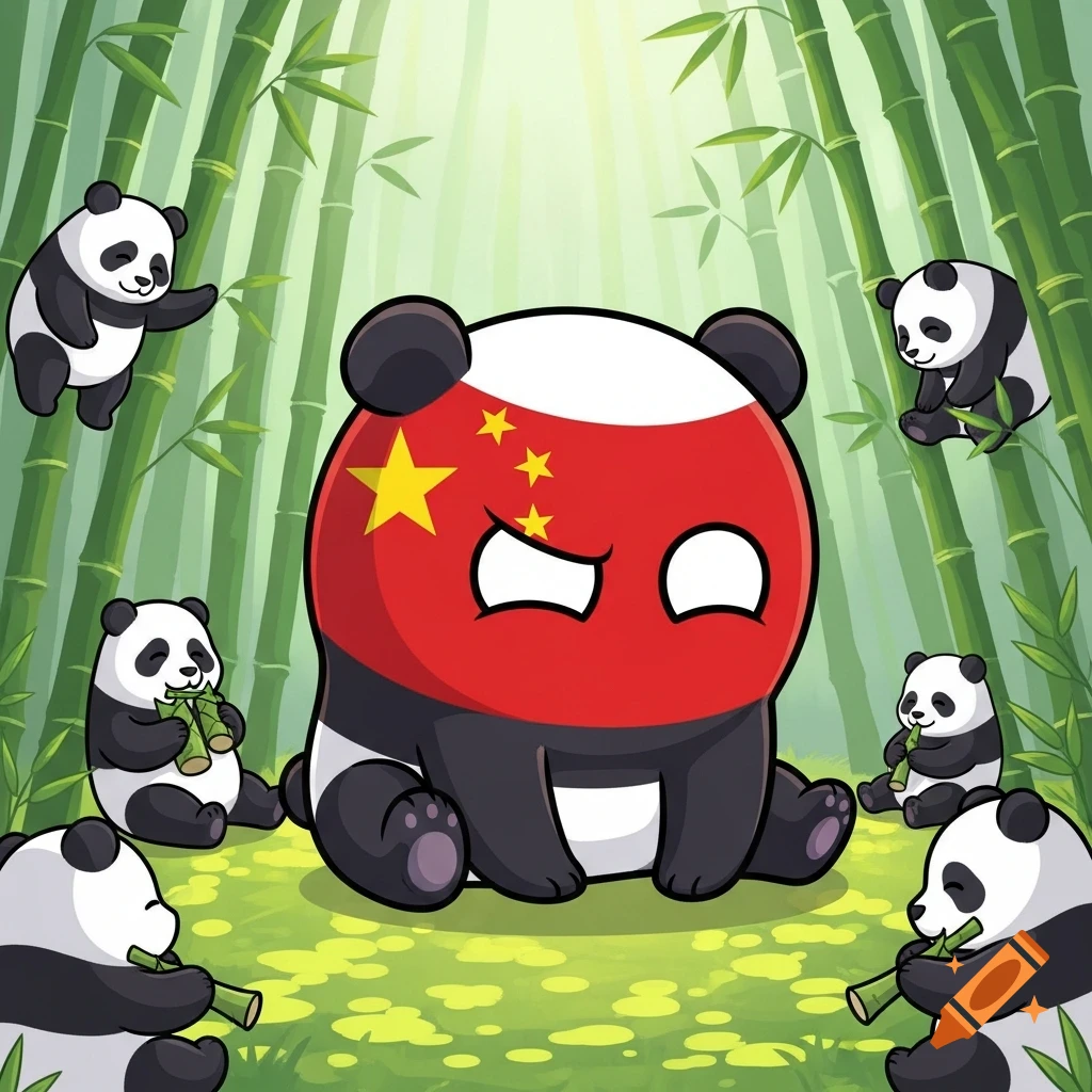 A large cartoon panda stylized as China's flag crouches in a bamboo forest surrounded by smaller pandas eating bamboo.
