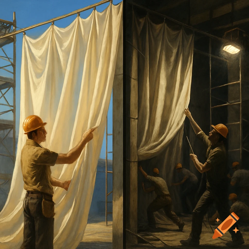 A painting showing two scenes side-by-side: a construction worker with a large curtain outdoors in daylight, and multiple workers assembling a similar curtain indoors under artificial light.
